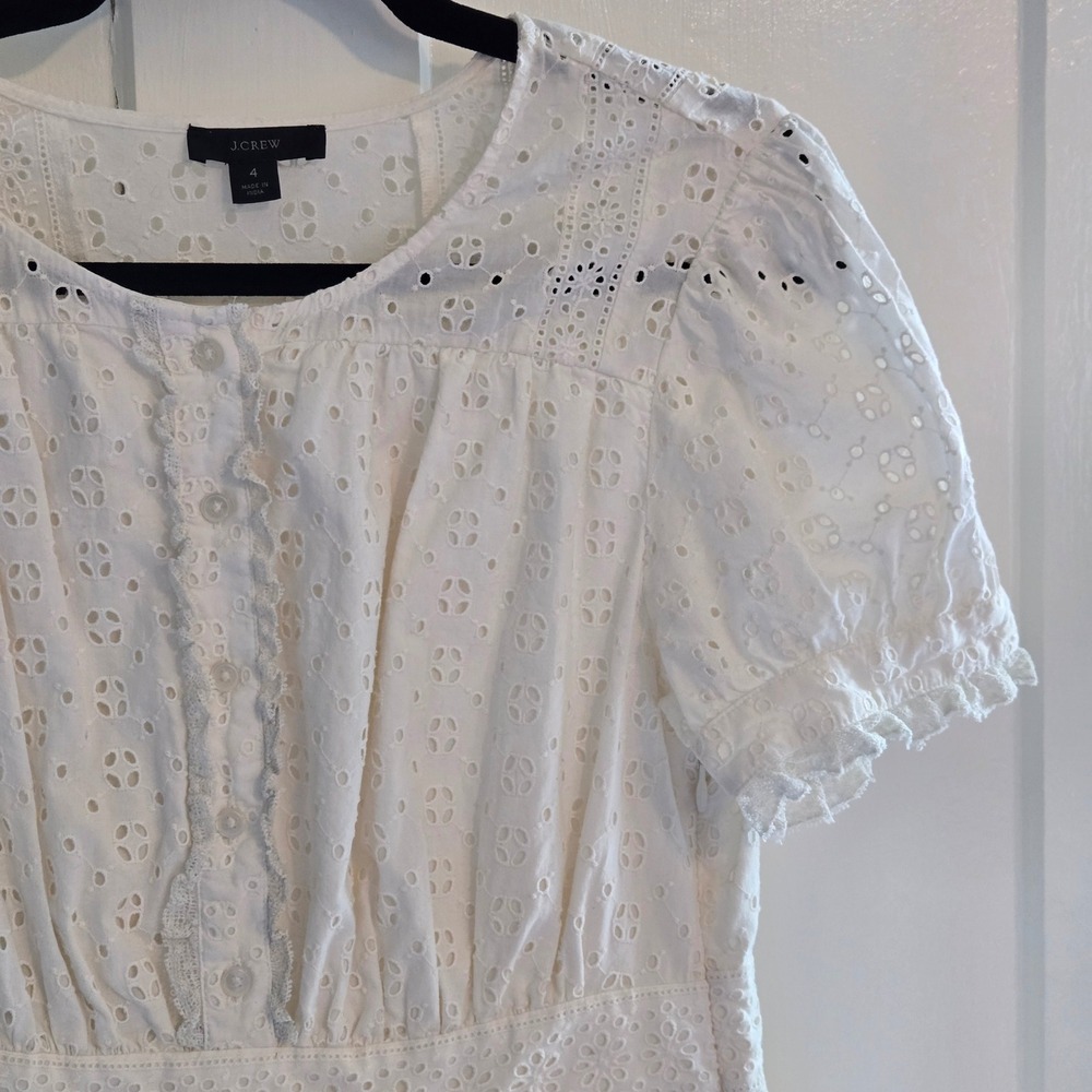 J.Crew White Eyelet Lace Cotton Mini Dress Short Puff Sleeve Button Front Size 4 - Picture 8 of 16
